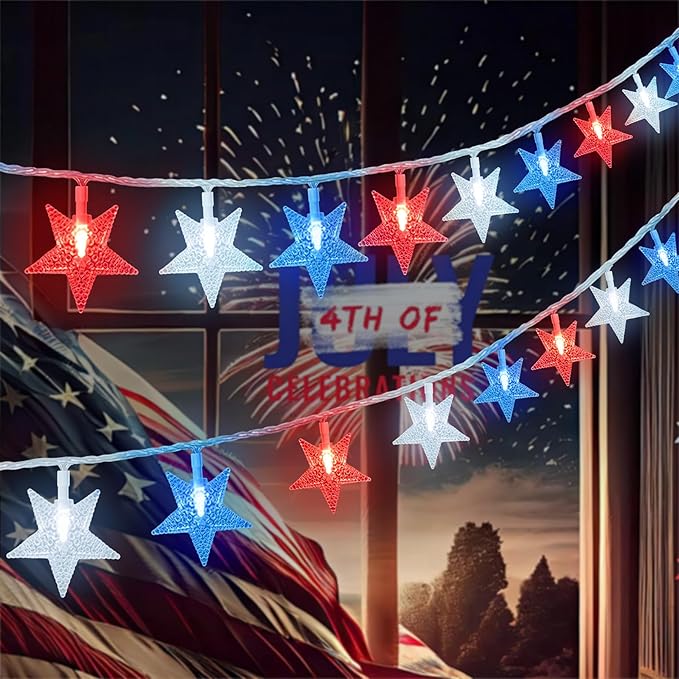 ITICdecor 4th of July Decor Red White Blue Stars String Lights, 15 FT 30 LED Fairy Lights Battery Operated Indoor&Outdoor Star Lights for Independence Day President Day Memorial Day