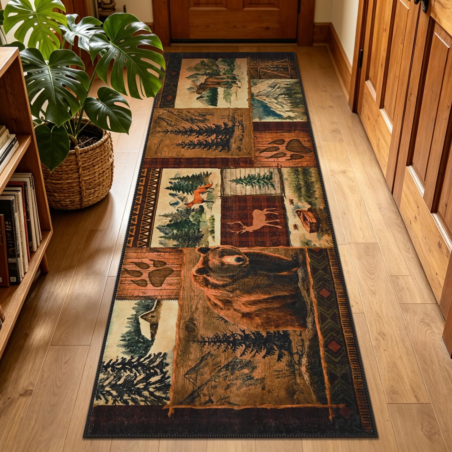 ASPMIZ 2x7 Rustic Runner Rug Non-Slip Washable — Buffalo Plaid Log Cabin Bear Deer Fox Design, Soft Faux Wool Hallway Carpet Runner for Entryway Kitchen, Brown