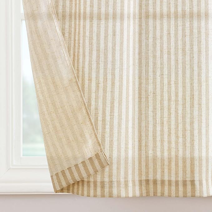 jinchan Tab Top Linen Kitchen Curtains 36 Inches Striped Tier Curtains Farmhouse Modern Cafe Style Small Window Treatments Airy Light Filtering Rod Pocket for Living Room Bathroom 2 Panels Beige