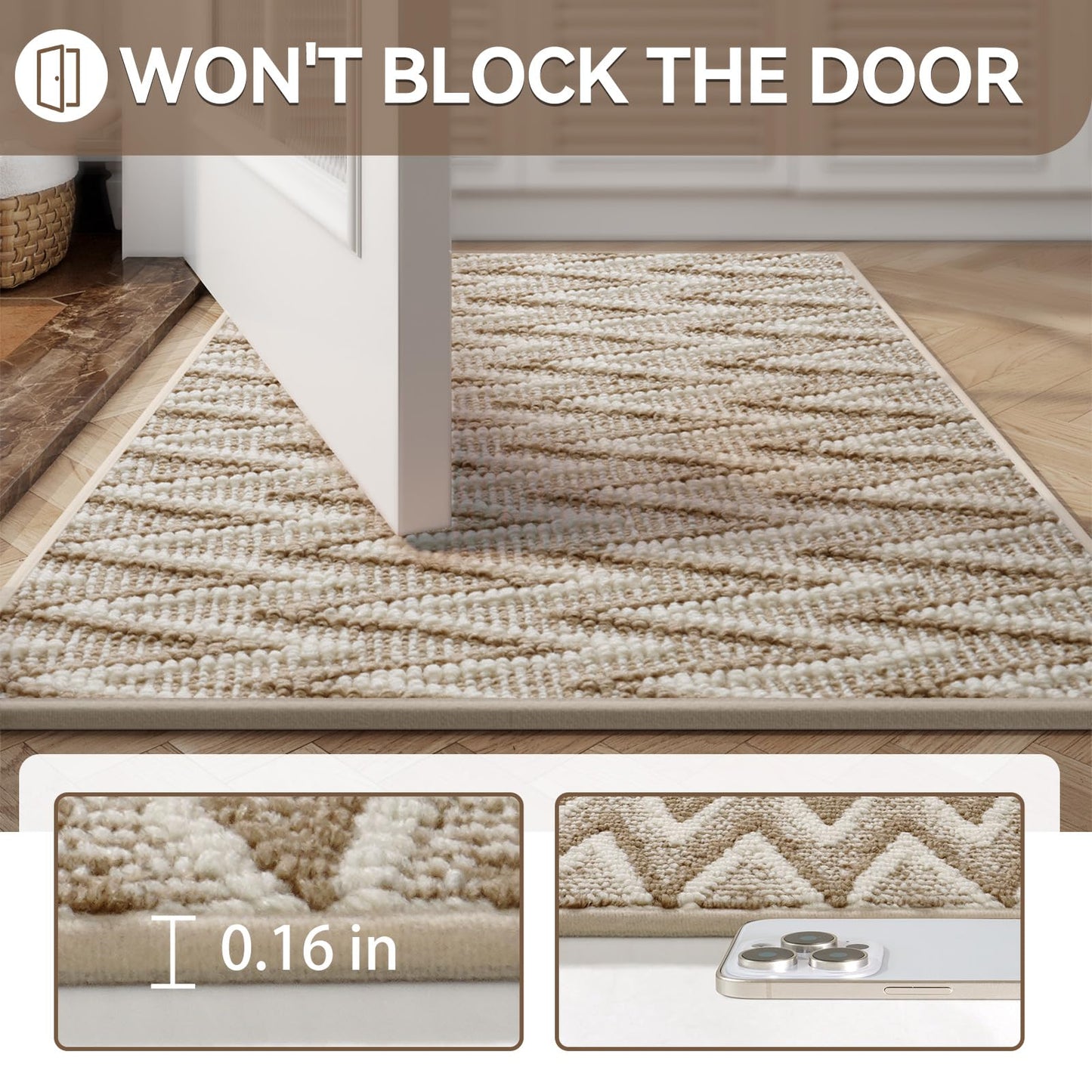 Indoor Door Mat 17x30, Dirt Resistant & Absorbent Doormat for Entryway Inside, Non-Slip Rubber Backing Front Door Mat Indoor Entrance, Low-Profile, Washable, Brown