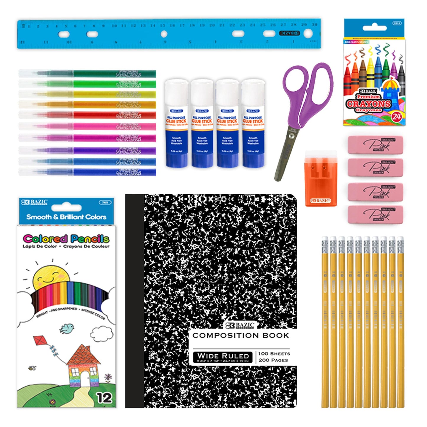 BAZIC Products School Kit Pack 60 Count, School Supply Box for Elementary Student K-6, Ruler Composition Book Pencil Eraser Crayon, 1-Pack