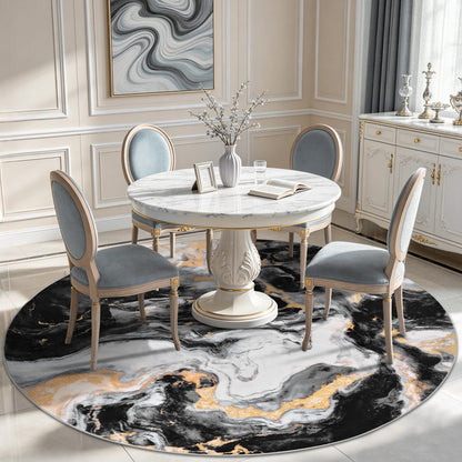 Yinhua Washable Round Rug 6ft, Circle Black and Gold Rug Non Slip, Soft Faux Wool Marble Rugs Non Shedding, Low Pile Abstract Area Rugs, Stain Resistant Carpet for Dining Room Table Nursery
