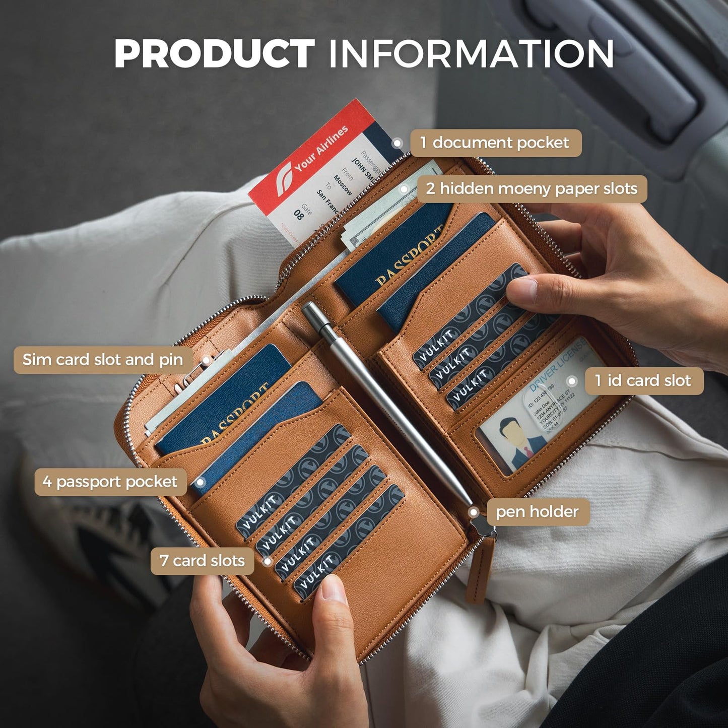 VULKIT Leather Passport Holder for 4-8 Passports Family RFID Blocking Passport Wallet with Zipper Travel Documents Organizer for Men or Women (Brown)