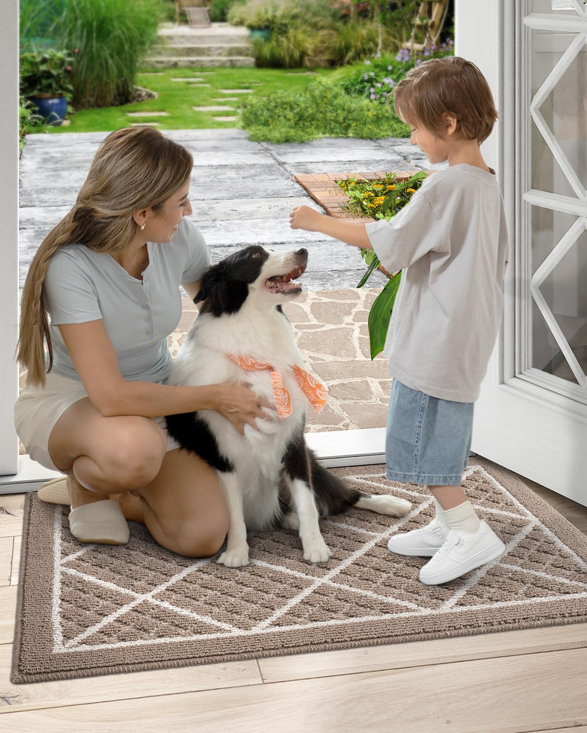 DEXI Front Door Mat 17x30, Non Slip Absorbent Entryway Doormat, Low Profile Thin Washable Entry Mats for Inside Home Entrance, Garage, Patio, Beige