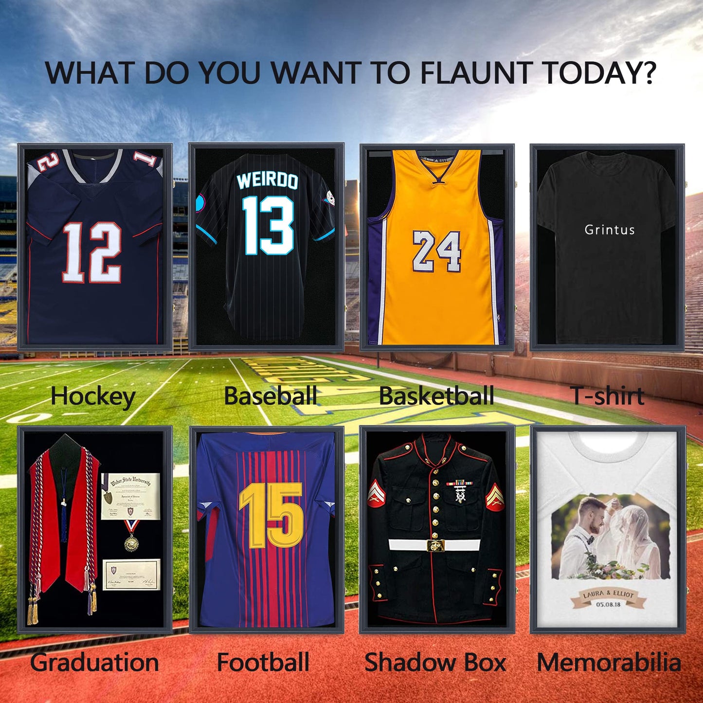 Grintus Jersey Frame Display Case Jersey Display Case Jersey Shadow Box with Uv Protection Acrylic and Hanger for Baseball Basketball Football Soccer Hockey Sport Shirt and Uniform,Black-2 Pack