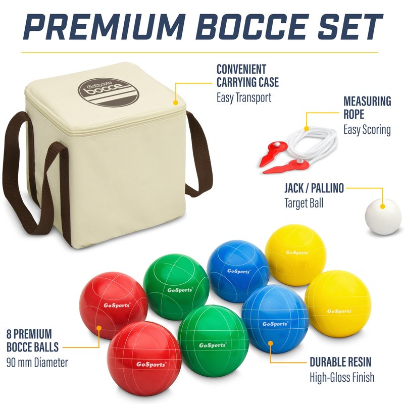 GoSports 90 mm Backyard Bocce Set with 8 Balls, Pallino, Case and Measuring Rope - Made from Premium Resin