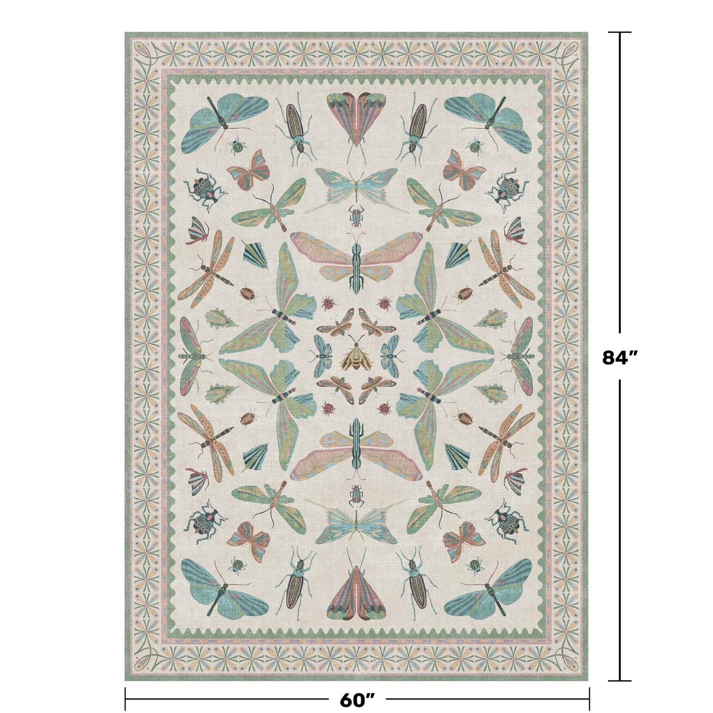 5x7 Pink and Green Nursery Rug - Colorful Rug for Playroom, Bedroom, Living Room, Insect Butterfly Floral Non-Slip Soft Carpet