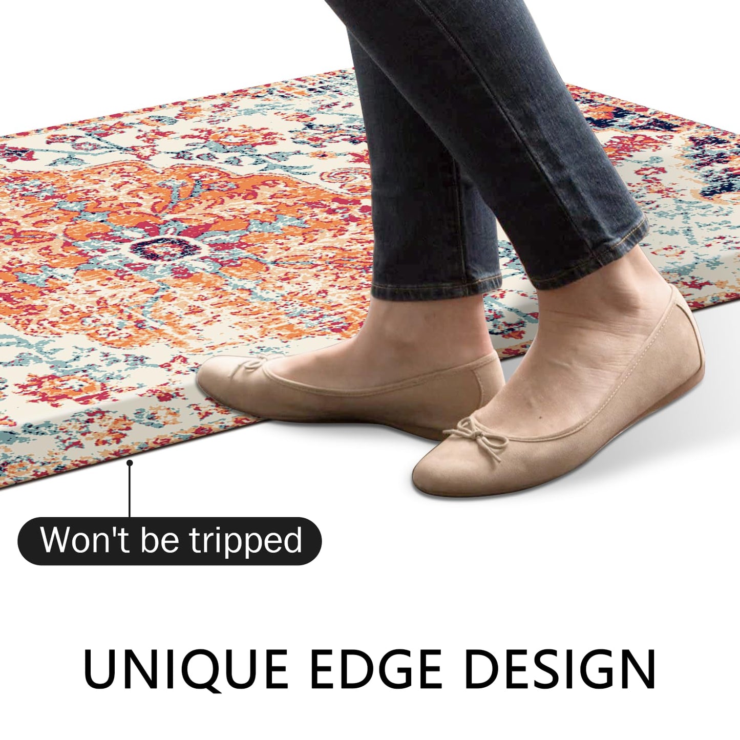 MAYHMYO Boho Kitchen Mat Anti Fatigue Ethnic Kitchen Cushioned Floor Mat Orange Blue Kitchen Rugs Non Slip Cool Rugs for Kitchen Floor Office