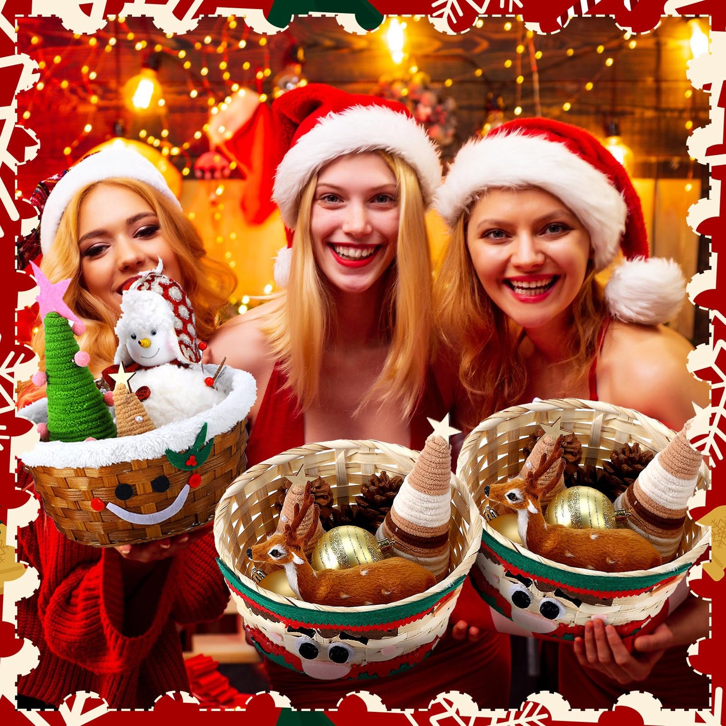 Youyole 4 Pieces Christmas Basket for Gifts Woven Bamboo Xmas Round Gingerbread Basket Small Santa Claus for Christmas Party Supplies Gift Snack Storage (Cute)