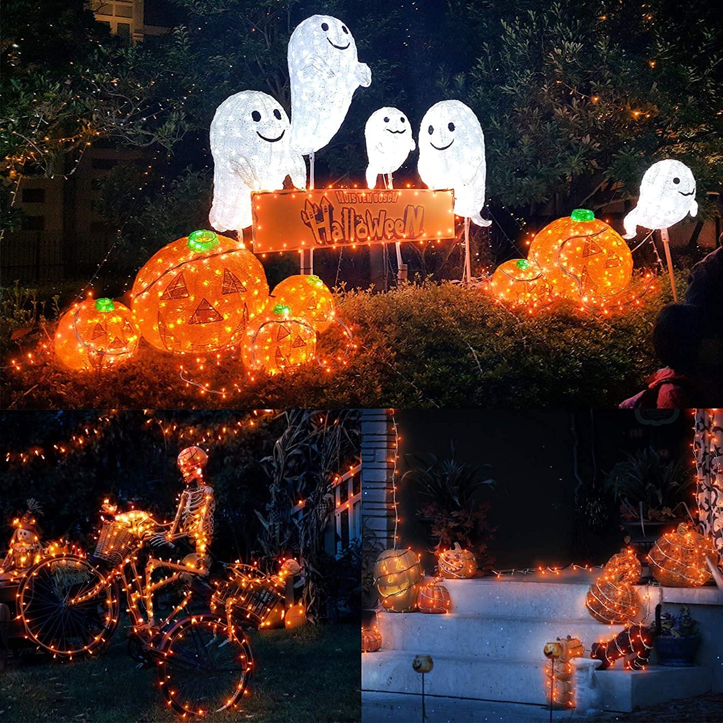 New Upgraded Solar Halloween String Lights Outdoor Waterproof, Solar & USB Rechargeable 19 Modes 2 Pack Total 144FT 400 LED Orange Halloween Lights for Yard Patio Garden Christmas Decorations, Orange