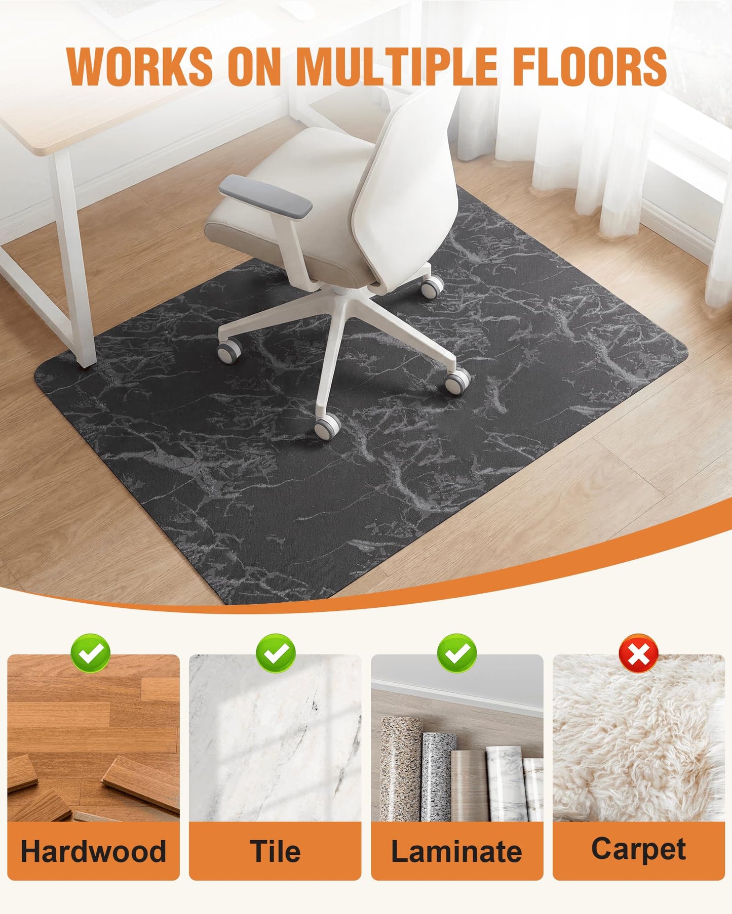 Carvapet Luxury Carrara Marble Office Chair Mat for Hardwood Floor - 36x48 Inch Acoustic Noise-Dampening Desk Carpet, Smooth Glide Heavy Duty Floor Protector for Rolling Computer Gaming Chairs