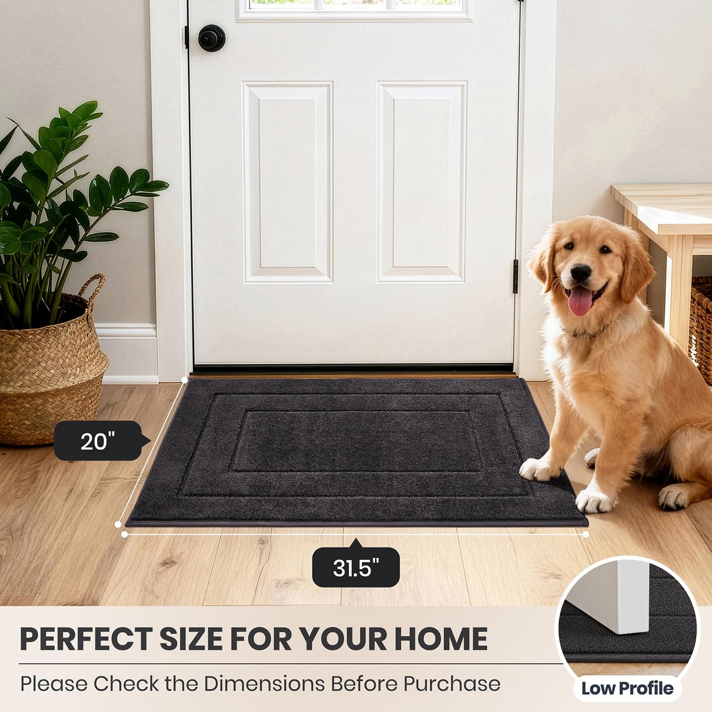 PURRUGS Dirt Trapping Door Mat 20" x 31.5", Non-Slip/Skid Machine Washable Entryway Rug, Dog Doormat, Super Absorbent Welcome Mat for Muddy Wet Shoes and Paws, Charcoal