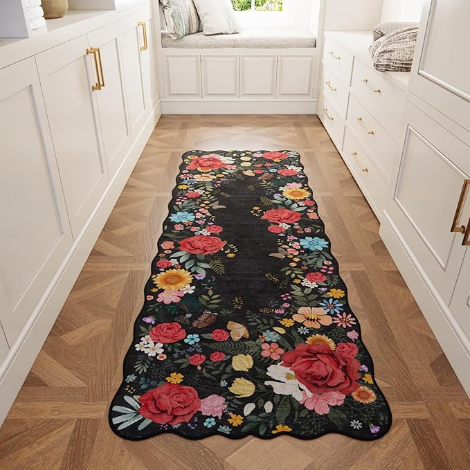 Kitchen Rug Runners for Hallways: 2x6 Washable Runner Rugs for Kitchen Ultra Thin Stain Resistant Non Slip Low Pile Lightweight Vintage Floral Carpet for Laundry Room, Bedside Decor (Black)