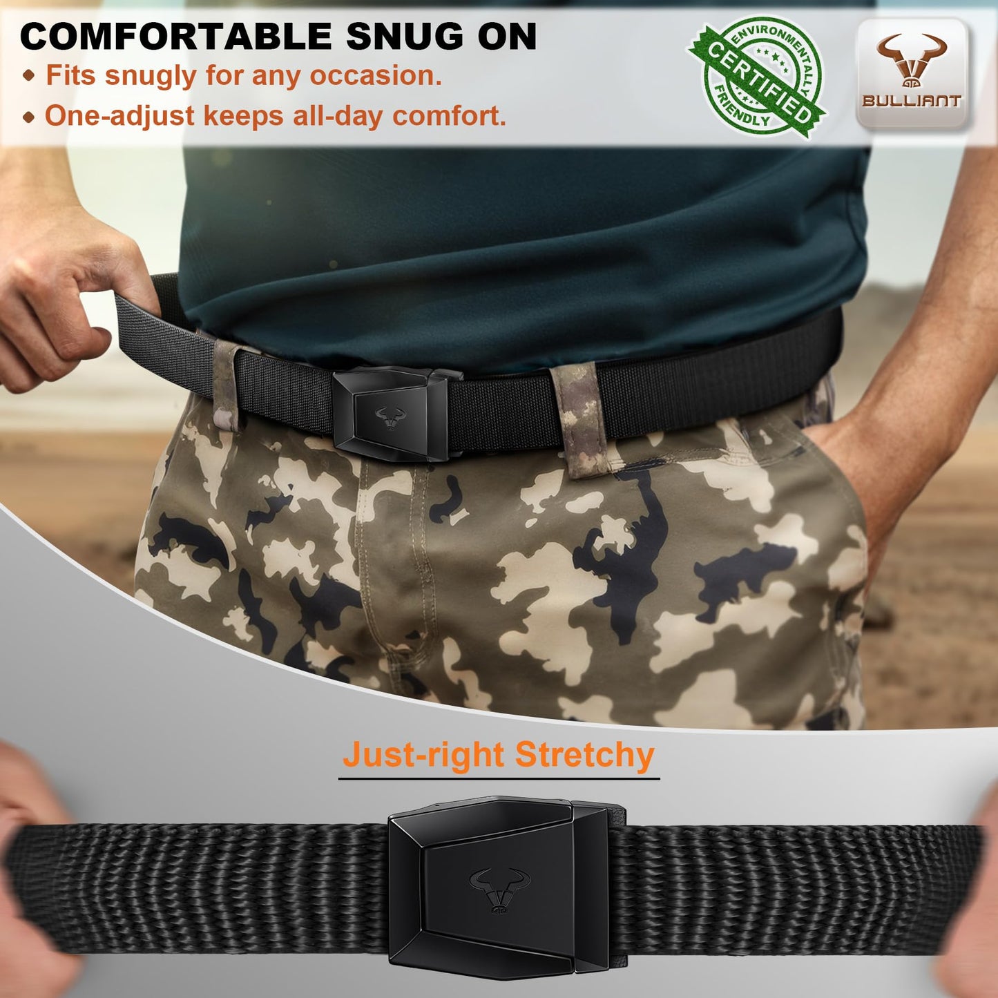 BULLIANT Men Tractical Belt,Stretch Western Rigger Web Belt For Cowboy Military Heavy Duty Hiking Hunting 1.5"-Cut For Fit(Black,28"-34" Waist Adjustable)