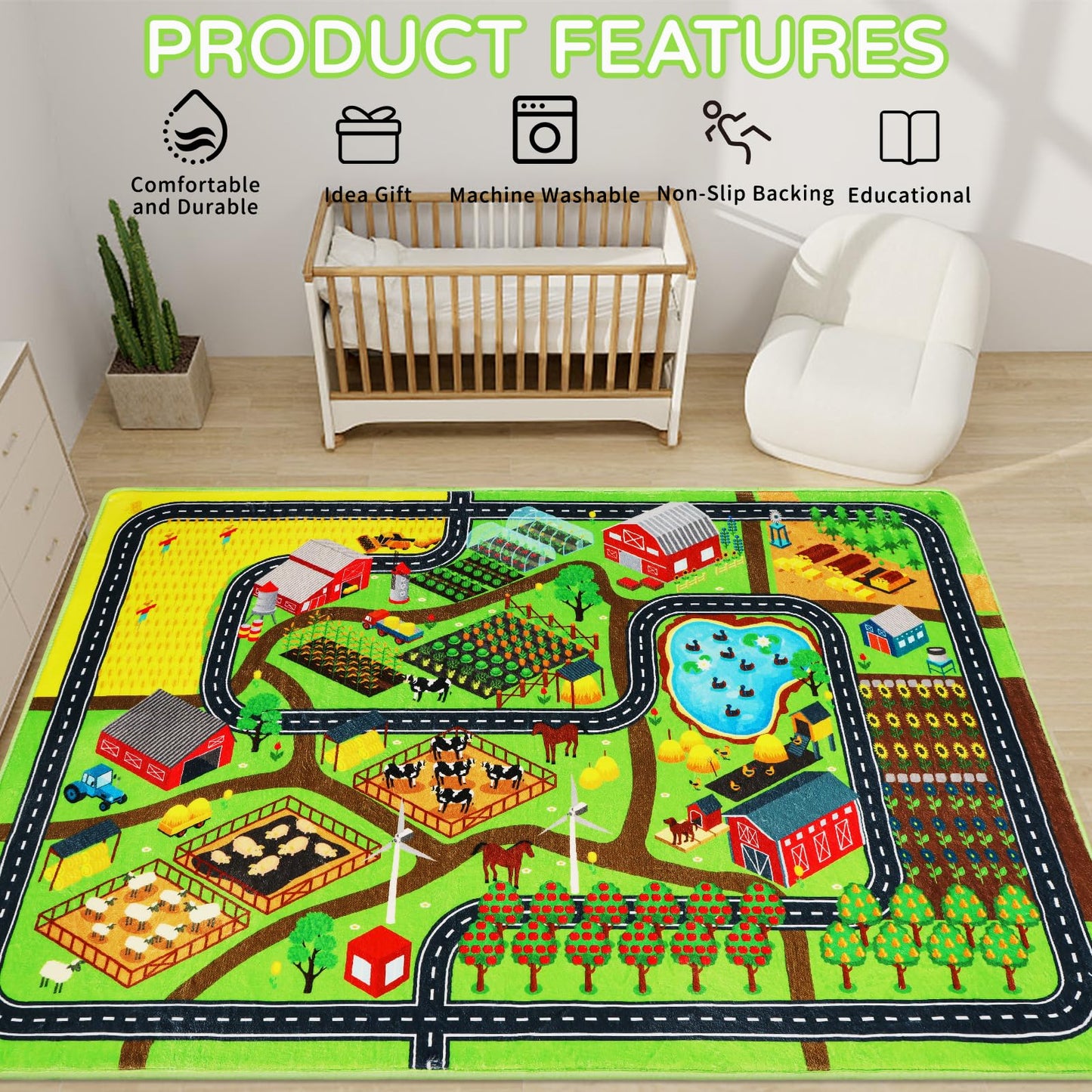 Mfmiudole Kids Rug for Car Toy Farm Track View, Large Play Rug 6'7" x 9'2" with Road Traffic Play Carpet Washable Educational Mat for Toddler Playroom Classroom Nursery (1-Farm Life, 110"×78.7")