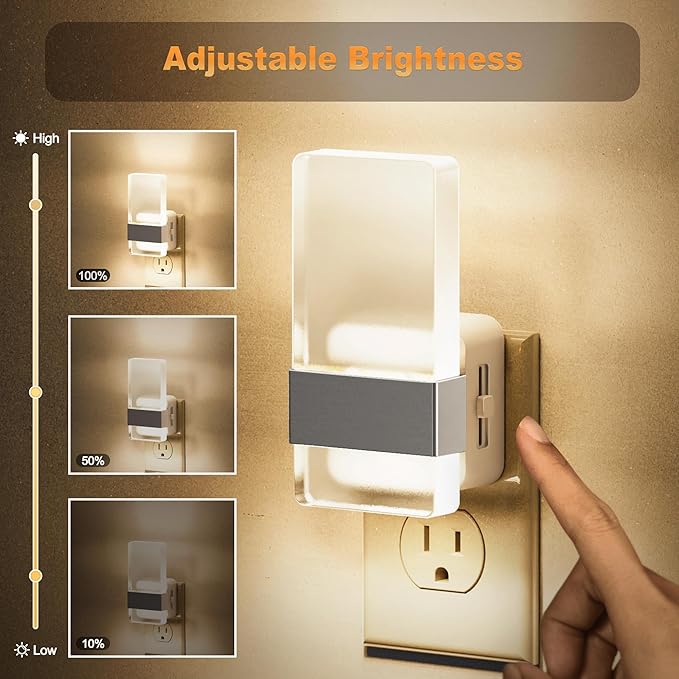 JandCase Night Lights Plug into Wall, Dusk to Dawn Sensor, 3000K Soft White LED, Acrylic Design, 0-100lm Adjustable Brightness, for Bedroom, Bathroom, Living Room, Hallway