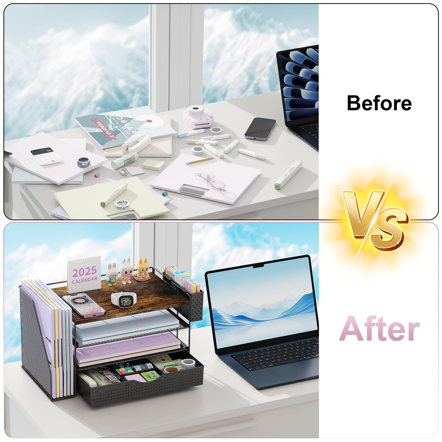 gianotter Wood Desk Organizers and Accessories with File Holder, 4-Tier Desk Accessories & Workspace Organizers with Drawer and Pen Holder, Desk Reference Organizer (Wood)