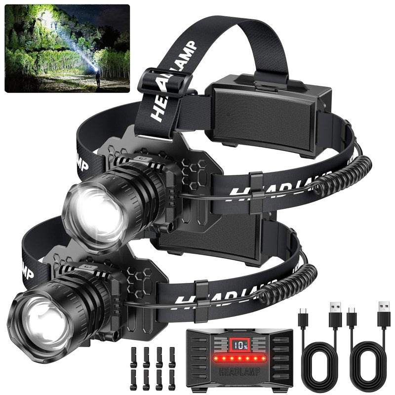 Curtsod Rechargeable LED Headlamp 2-Pack - 99000 Lumens Super Bright with Motion Sensor & 90° Rotation - Waterproof Headlight for Camping, Hiking, Running - 3 Light Modes