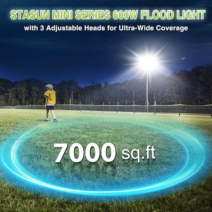 STASUN 2Pack 600W LED Flood Light, Mini Series Stadium Light, 60000LM 6000K Daylight White IP66 Waterproof 3 Adjustable Panels Outdoor Sports Lighting for Basketball Court, Parking Lot,Baseball Field