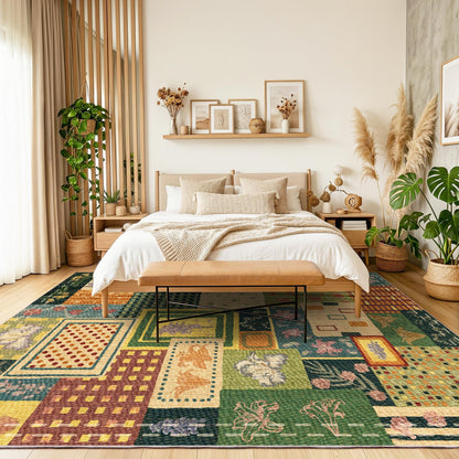 Flowers Patchwork Abstract 8x10 Area Rug, Green Soft Faux Wool Geometric Rugs for Living Room, Non Slip Low Pile Washable Indoor Carpet Rug for Bedroom, Entryway, Dining Room, Home Office Decor