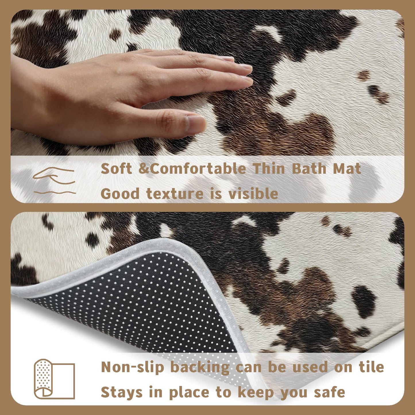 Ulord Brown and White Western Cowhide Bathroom Rugs 24"x16" Water Absorbent Soft Non-Slip Bath Mat Machine Washable Mats for Showers Laundry Rooms Indoor Doors Decor