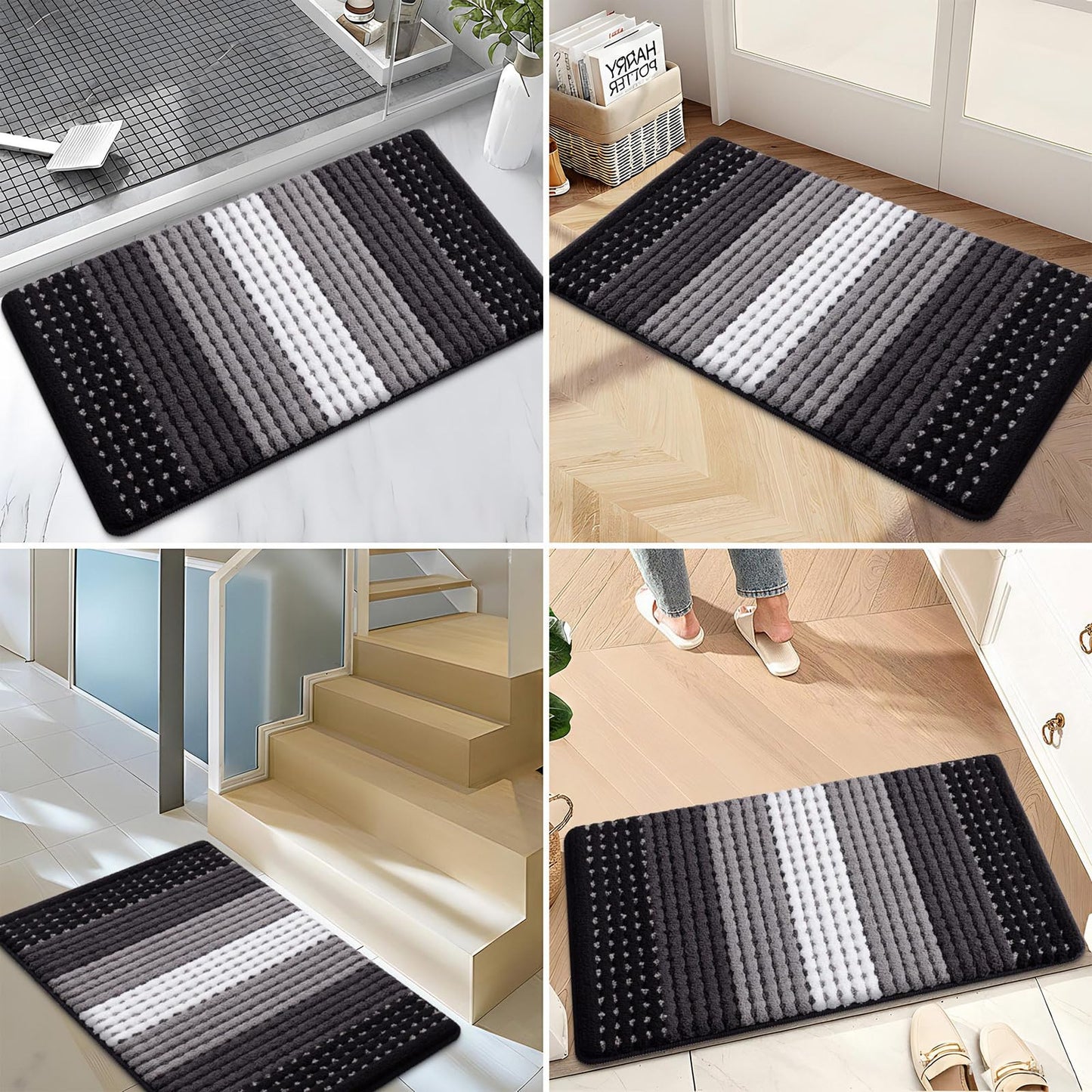 Kitinjoy Indoor Outdoor Door Mat, 40x32 Non-Slip Absorbent Dirt Trapper, Low-Profile Washable Inside Entrance Front Floor Mat, Sturdy Soft Entry Dotted Ombre Doormats for Entryway, Black