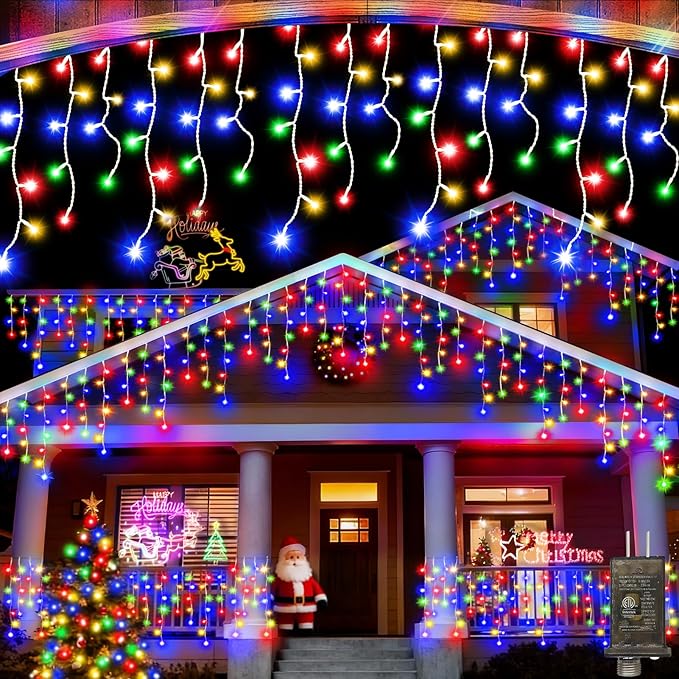 65 FT 640 LED Christmas Lights Outdoor Decorations Clear Wire String Lights Plug in 120 Drops 8 Modes Memory Timer Connectable Curtain Fairy Lights Waterproof for Holiday Wedding Party-Multicolored