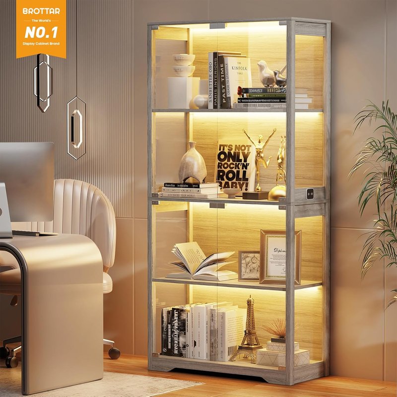 Display Cabinet - 4-Tier Curio Cabinet with Glass Doors & 3 Color Lights | Gray Storage Case for Collectibles