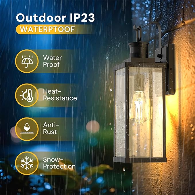 L LOHAS LED Large Size Motion Sensor Outdoor Wall Lights, 18 Inch Black Waterproof Anti-Rust Outdoor Light Fixtures Wall Mount with Clear Glass Shade for Porch, Garage, ETL Listed, 2 Pack