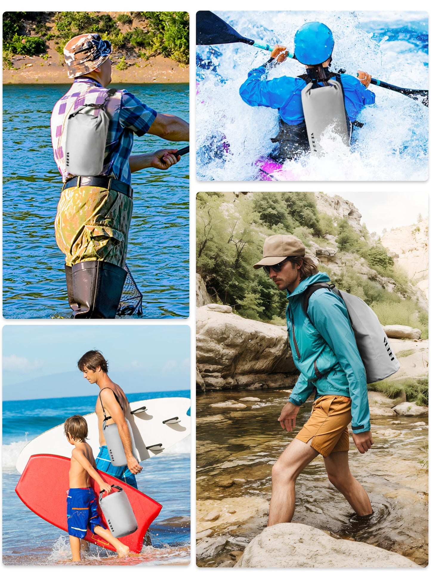 HEETA Waterproof Dry Bag for Women Men, Roll Top Lightweight Dry Storage Bag Backpack with Emergency Whistle for Travel, Kayaking, Boating, Camping, Beach, Cruise Ship Essentials (Light Grey, 5L)