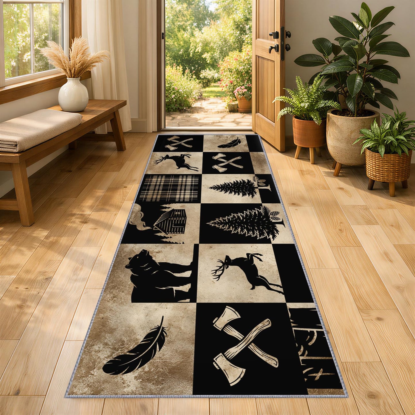 CAQDUEP Rustic Wildlife Runner Rug 2x6 Vintage Lodge Style Runner, Western Country Bear Deer Rugs, Rustic Cabin Rug Non Slip Backing Washable Rugs for Hallways