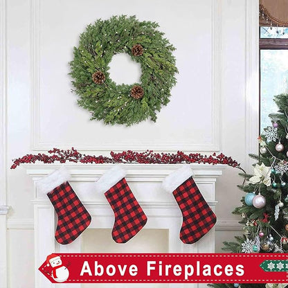 24 Inch Real Touch Lush Christmas Wreaths for Front Door with White Berries/Pine Cone Outdoor Christmas Decorations Winter Wreath Cypress Wreath for Windows Indoor Outside Xmas Home Decor Holiday