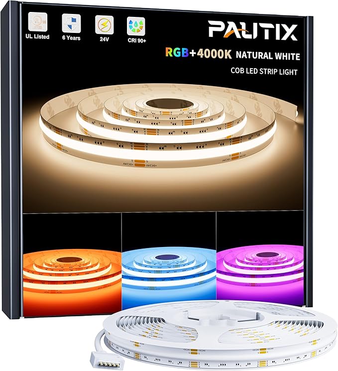 PAUTIX RGBW 4000K COB LED Strip Light 20ft/6.1m,UL Listed 24V Color Changing Tape Lights with 896LEDs/m Multicolor Flexible for TV,Bedroom,Party DIY Decoration(Power Supply & Controller Not Included)