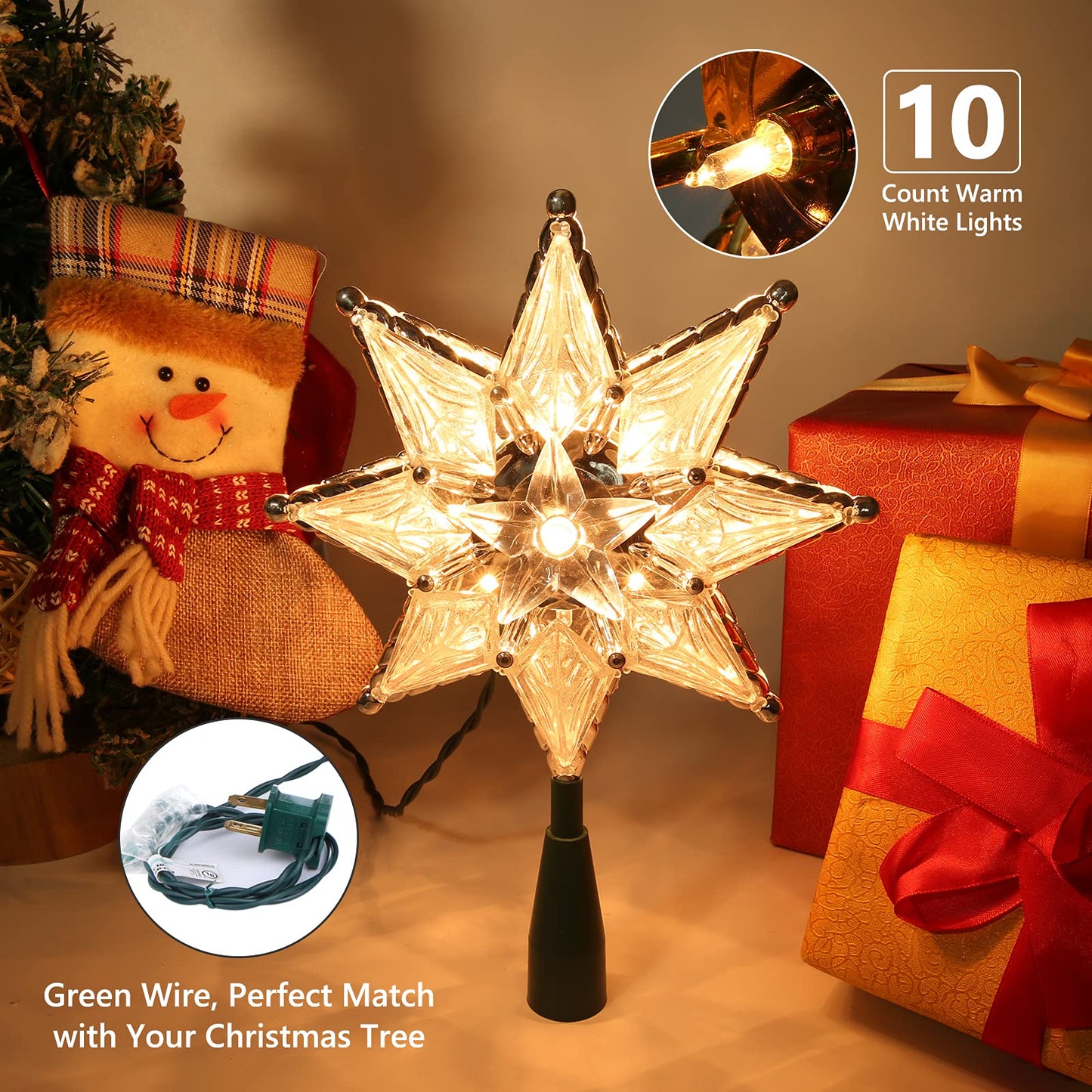 Brizled Star Christmas Tree Topper, 8" Lighted Double-Sided Star Treetop, 8-Point Xmas Tree Topper with 10 Warm Lights, 120V UL Certified for Christmas Ornament Party Home Decor