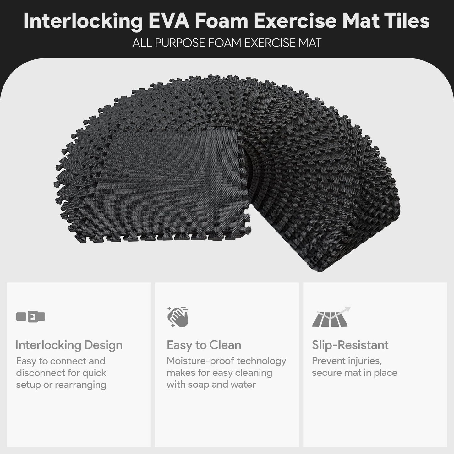 BalanceFrom Puzzle Exercise Mat 1/2" Thick, EVA Interlocking Foam Floor Tiles for Home Gym, Mat for Home Workout Equipment, Floor Padding for Kids, Black, 24 in x 24 in x 1/2 in, 144 Sq Ft - 36 Tiles
