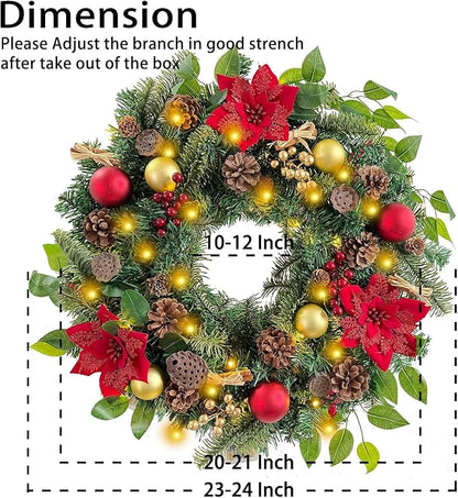 WANNA-CUL Pre-Lit 24 Inch Lighted Christmas Wreath for Front Door Luxury Red Gold Christmas Door Wreath Decoration with Ball Ornaments, Poinsettia Flowers,Berries, and Lotus, Battery Operated 30 LED