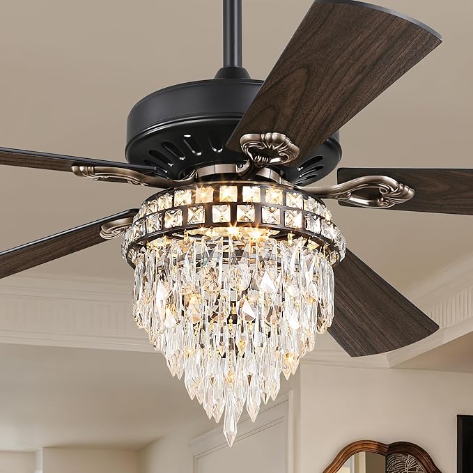 Fanbulous 52 Inch Farmhouse Fandelier Ceiling Fan with Light, Crystal Ceiling Fans Chandelier with 6 Speeds, Quiet Reversible Noiseless DC Motor, 3CCT, Indoor Ceiling Fan for Living Room Bedroom