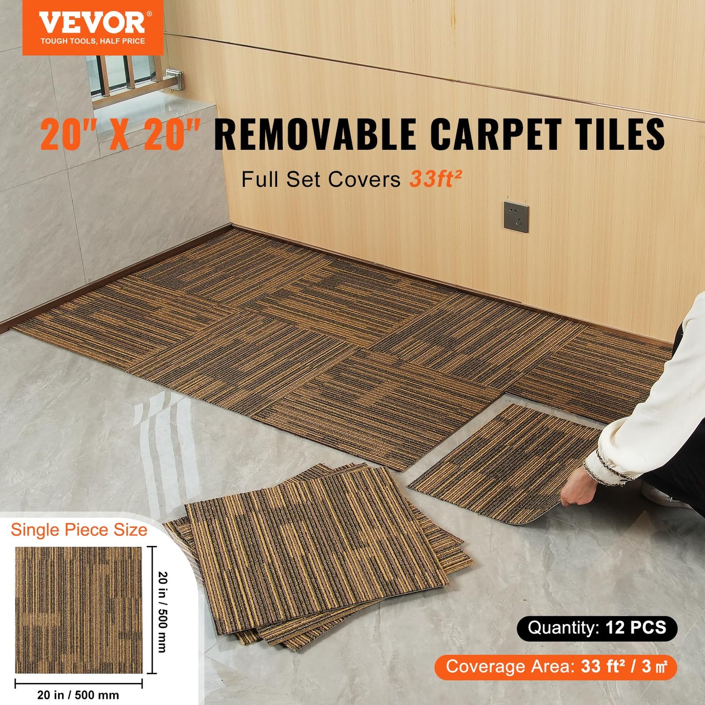 VEVOR Carpet Tiles Reusable, 20"x 20" Carpet Squares with Padding Attached, Soft Padded Carpet Tiles, Easy Install DIY for Bedroom Living Room Indoor Outdoor (16 Tiles, Mixed Brown)