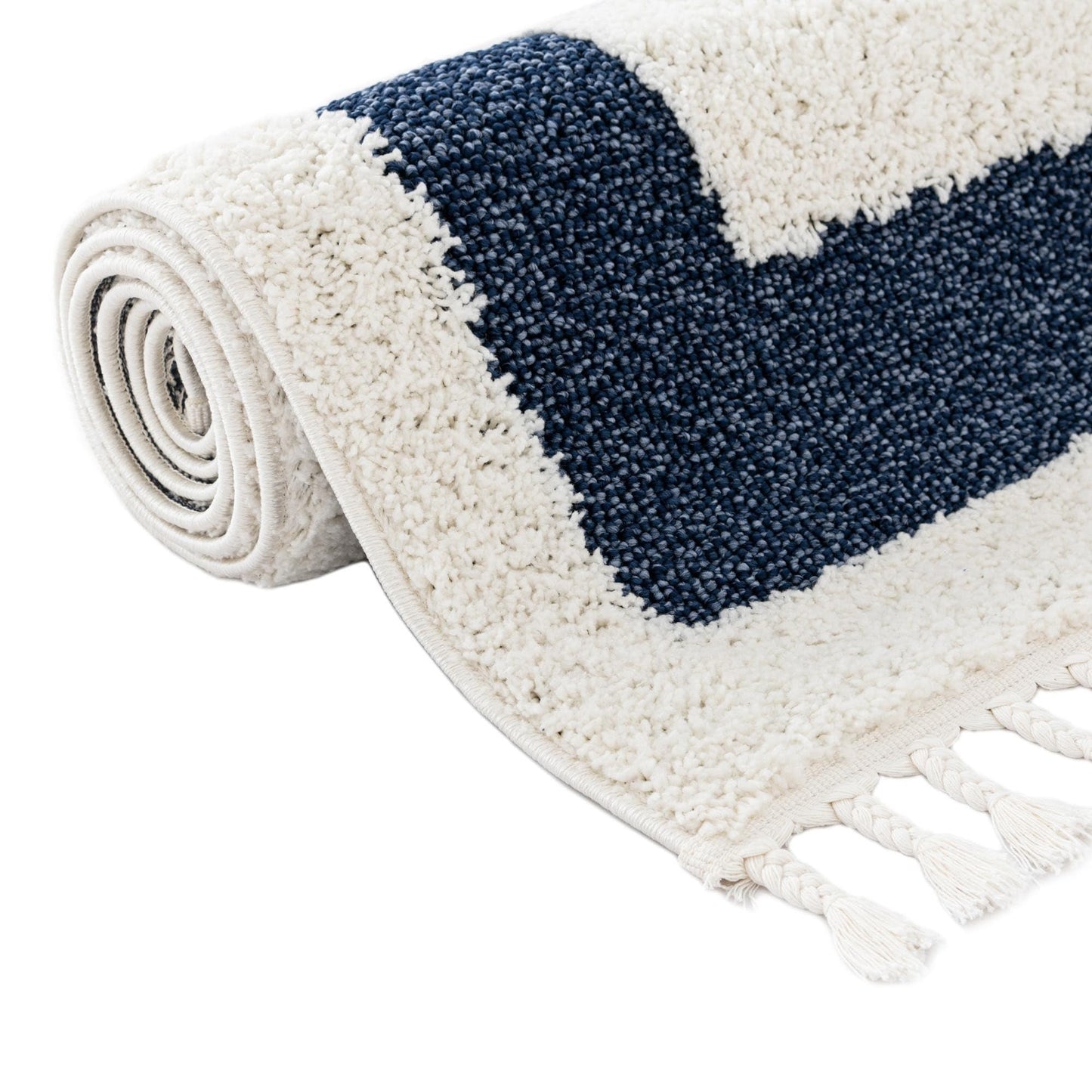 Rugs.com - Boho Rug – 5' 3 x 8' Blue Easy-Clean Stain-Resistant Rug – Concentric Stripe Pattern with Fringe, Perfect for Living Rooms, Dining Rooms, and Home Offices