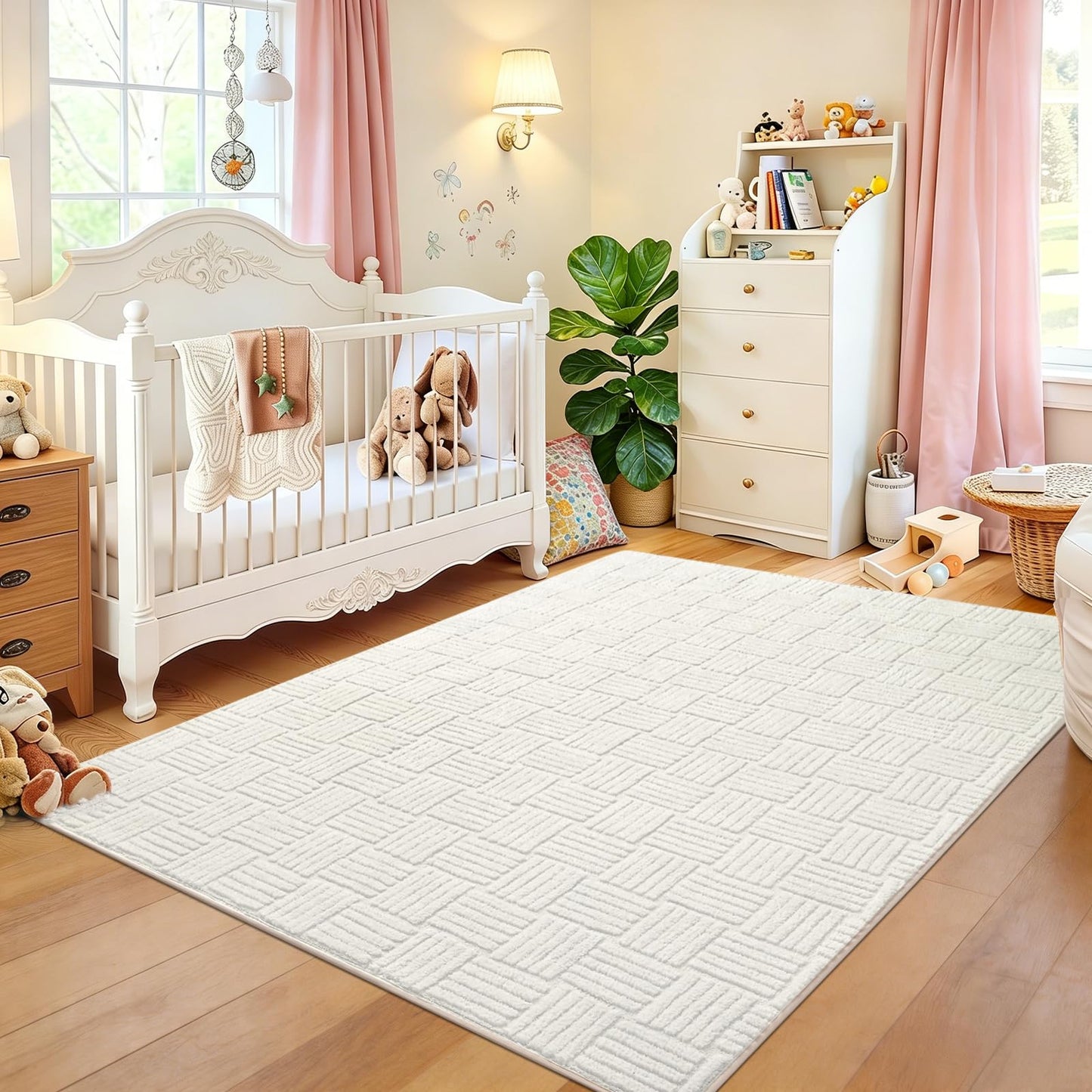 Flagover 3x5 White Washable Shag Area Rug for Girls Bedroom, Modern Geometric Non Slip Living Room Rugs, Soft Carpet for Kids Room, Dorm, Office, Bedside, Entryway and Home Decor