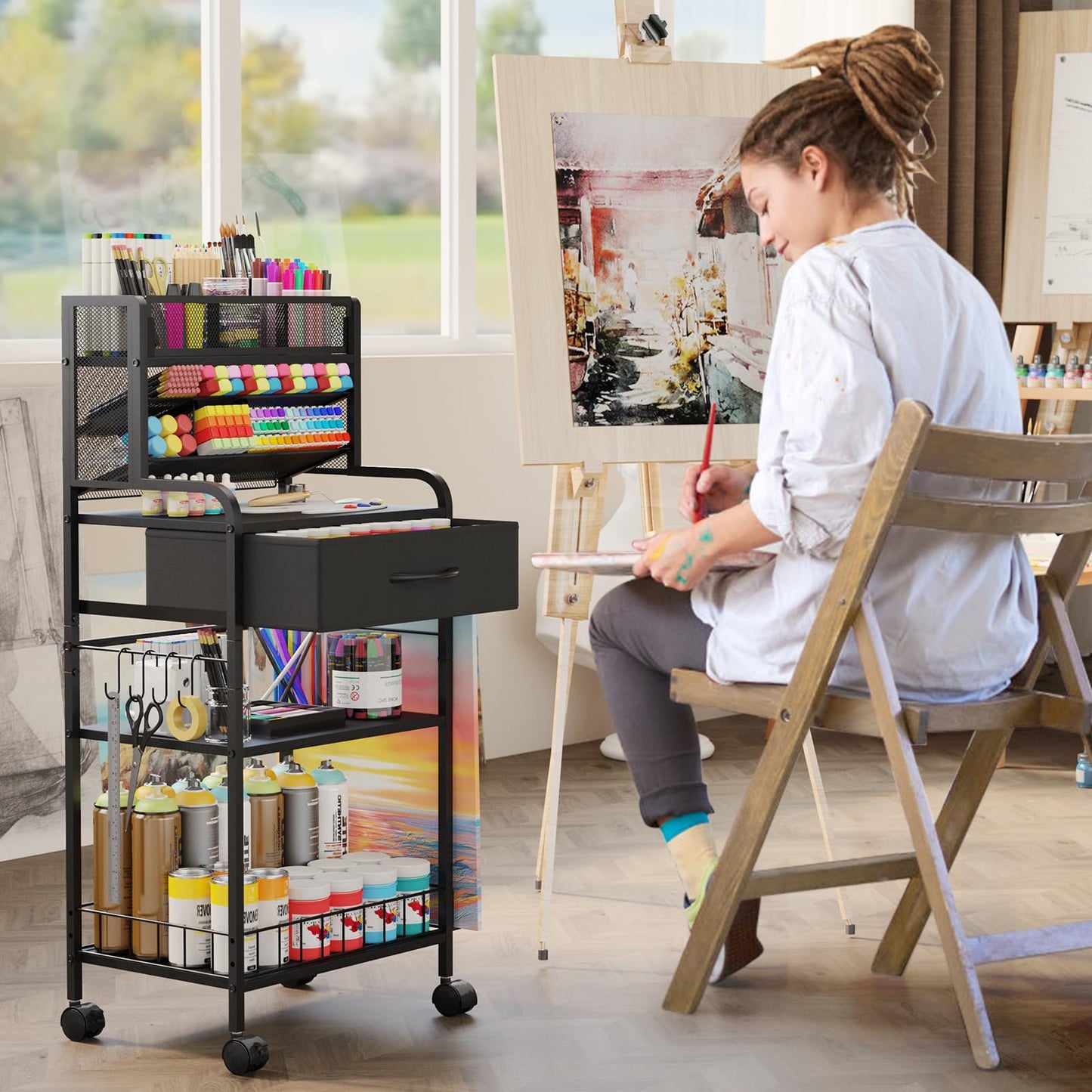Homsorout Art cart, 3 Tier Rolling Cart - Utility Cart with Storage Drawer and Wheels, Versatile Art & Craft Organizer for Home, Office, or Studio Ideal for Storing Brushes, Paints (Black)