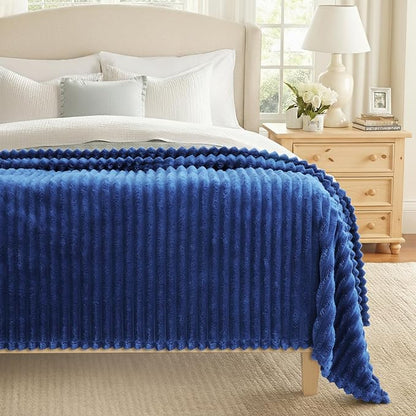 decorUhome Soft Fleece Navy Blue Blanket King Size for Bed, Cozy Fluffy Plush Flannel Large Striped Throws for Couch Sofa, Lightweight Decorative Fuzzy Blanket for Woman, 108x90 Inches