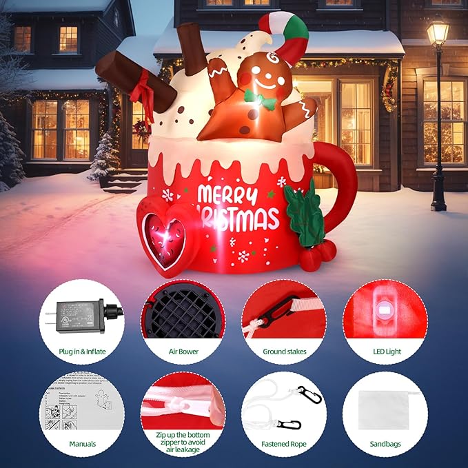 6.5 FT Christmas Inflatables Outdoor Decorations, Gingerbread Christmas Inflatable Hot Cocoa Mug with Built-in LEDs Blow Up Christmas Decoration for Garden Lawn Yard Patio Xmas Inflatable