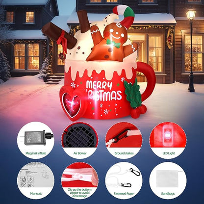 6.5 FT Christmas Inflatables Outdoor Decorations, Gingerbread Christmas Inflatable Hot Cocoa Mug with Built-in LEDs Blow Up Christmas Decoration for Garden Lawn Yard Patio Xmas Inflatable