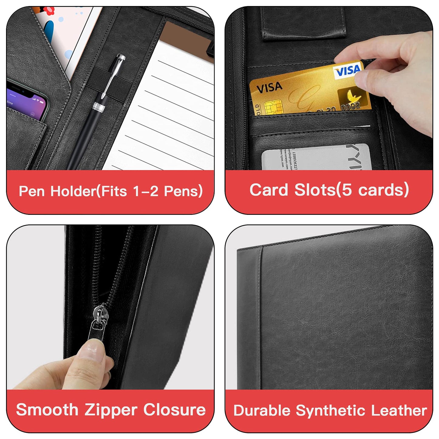 Zippered Padfolio Organizer, WRIYES Leather Planner Binder, 10.2 Inch Portfolio Folder for Documents, Letter Size Business Card Holder for Men&Women (Black)