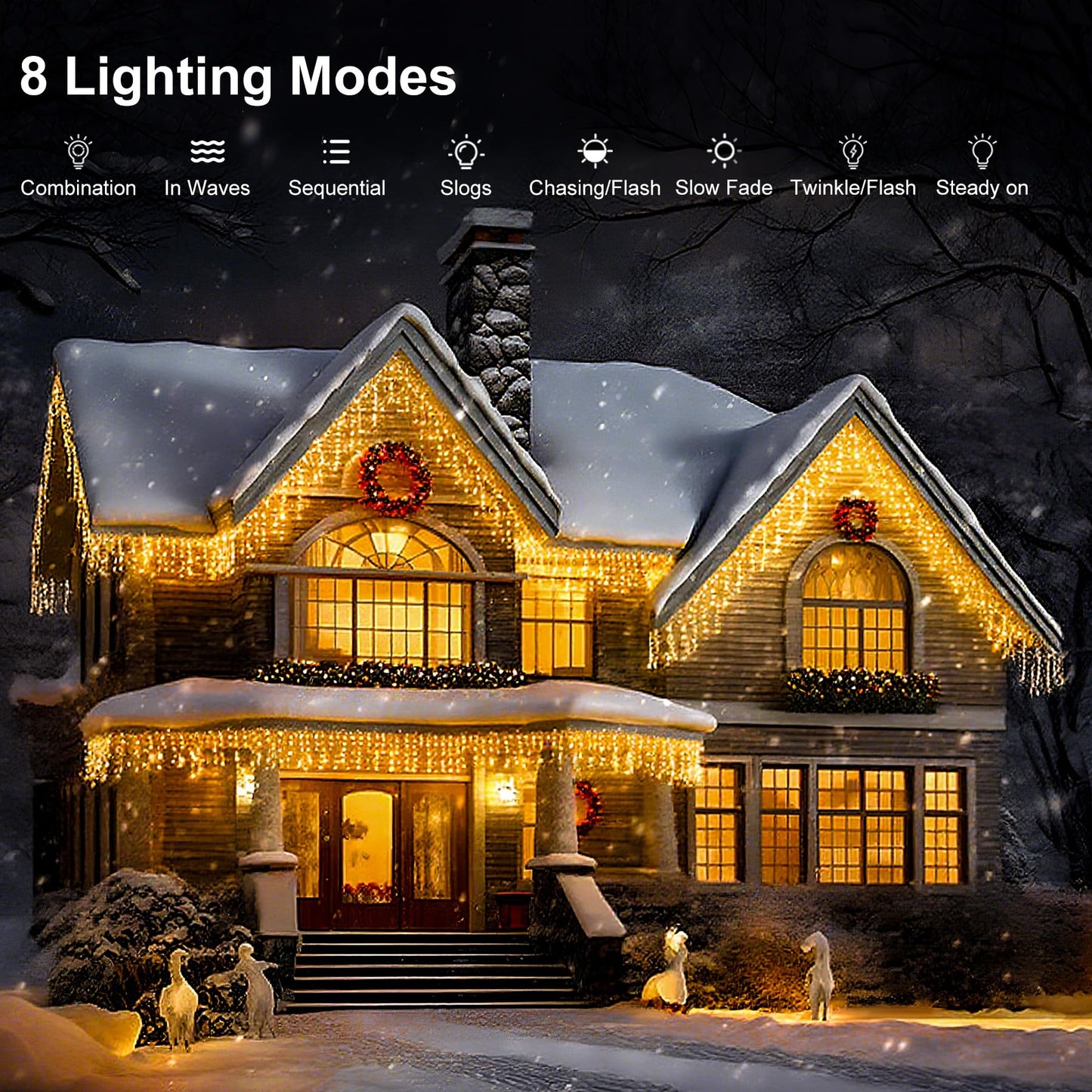 LED Icicle Lights for Outdoor Christmas Decorations,98.4Ft 1000 LEDs Christmas Fairy Light with Timer&Memory Function,8 Lighting Modes,Plug in hanging Curtain Lights for Xmas Party Wedding(Warm White)