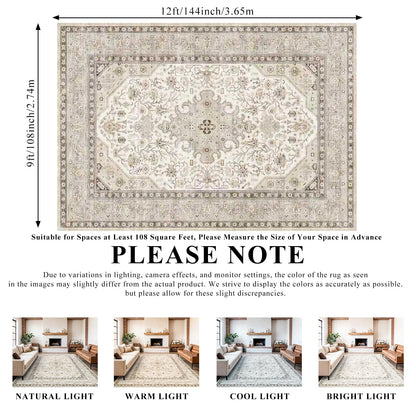 HILORUUG Washable Area Rug 9x12 - Bedroom Living Room Large Indoor Oriental Rugs - 0.13inch Low Pile Stain Resistant Rugs with Rubber Backing for at Least 108 sq ft Spaces (9x12 Ivory/Multi)