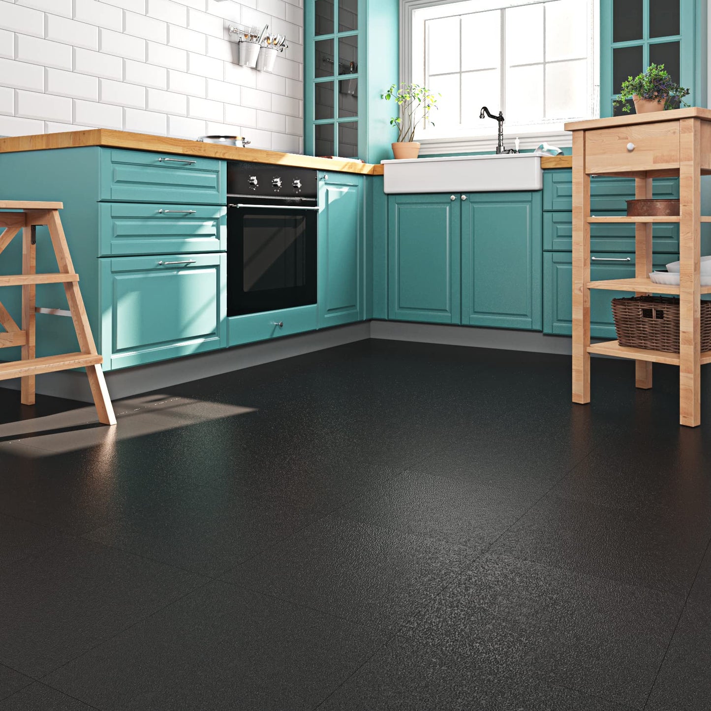 Livelynine Matte Black Peel and Stick Floor Tile Bathroom Floor Tiles Waterproof Stick on Tiles for Kitchen Basement Vinyl Flooring Sticky Laminate Flooring Stickers Garage Non Slip 4-Sheet 12x12