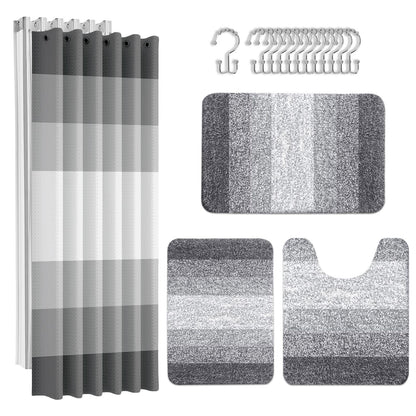 Britimes Grey Stripes Bathroom Sets with Shower Curtain and Rugs, Ombre Modern Minimalist Striped Waterproof Shower Curtain Liner and Soft Non Slip Bath Mat for Bathroom Decor and Accessories Hooks