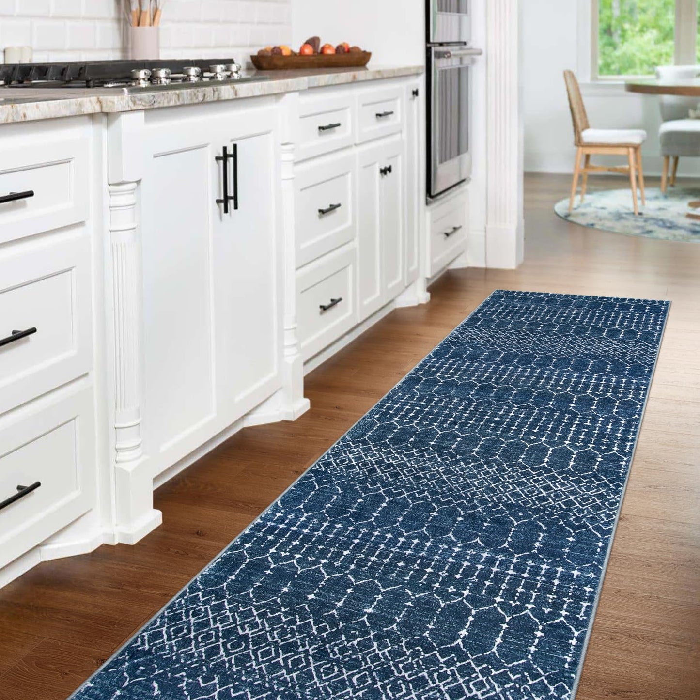Lahome Moroccan Washable Kitchen Runner 2x8 Carpet Runners for Hallway 8Ft Low-Profile Non-Slip, Indoor Geometric Print Distressed Rug for Entryway Laundry Room Foyer Hana, Blue